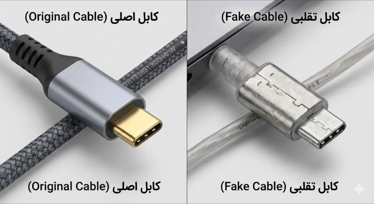 تفاوت کابل شارژ اصلی و فیک تایپ سی از نمای نزدیک